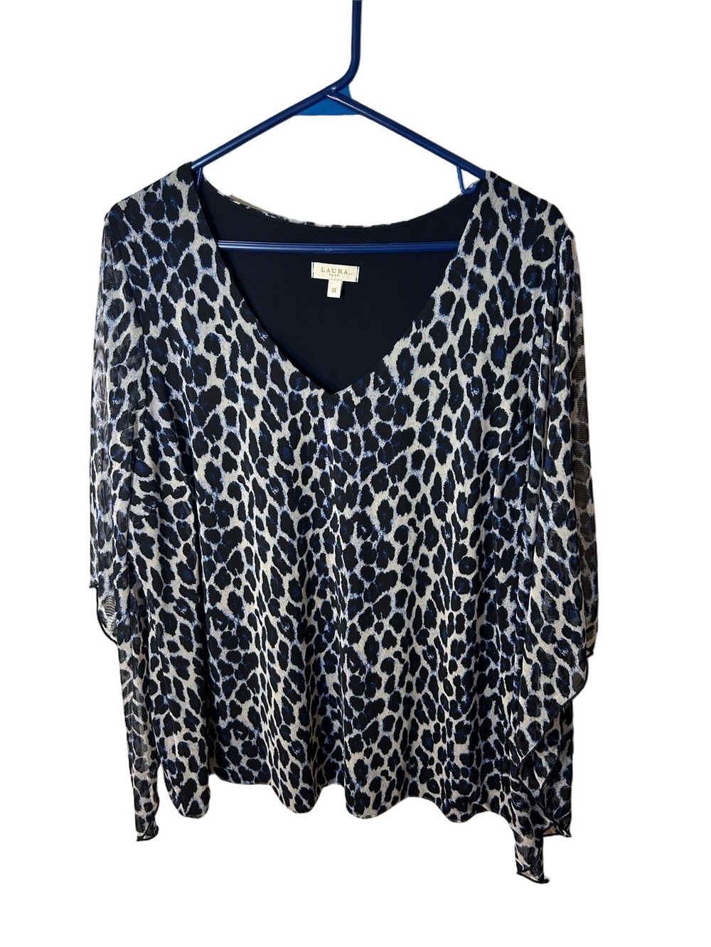 Women's Navy and White Leopard Animal Print V-Neck Top asymmetric sleeves whimsy